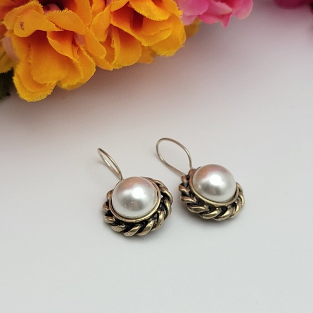 Vintage 925 Thailand Sterling Silver Faux Pearl Earrings Hook Clasp 1"